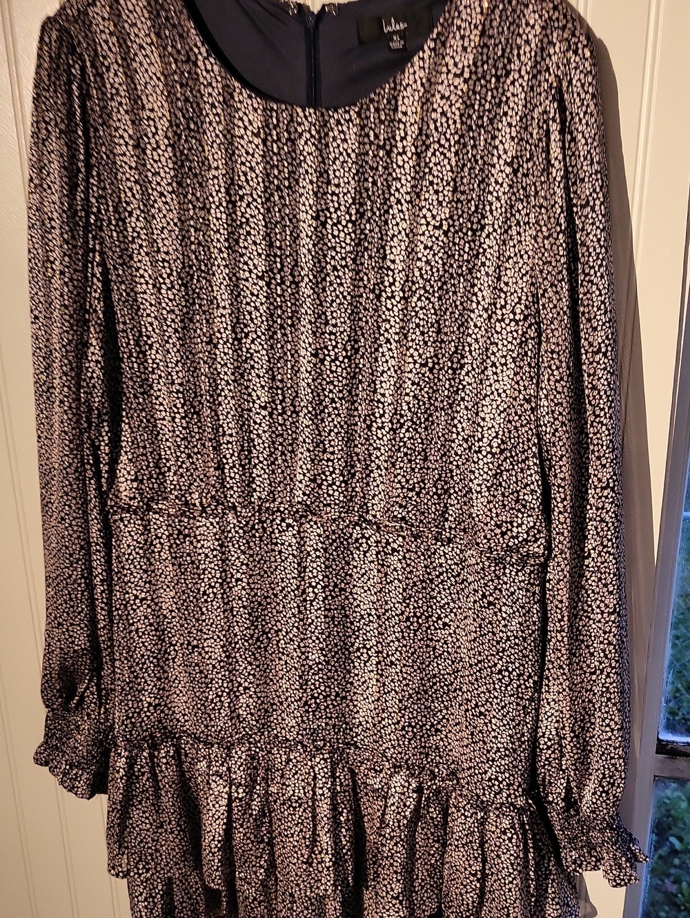 Lulu's Navy and White Micro Floral Scoop Neck Long Sleeve Tiered Dress, SIZE XL